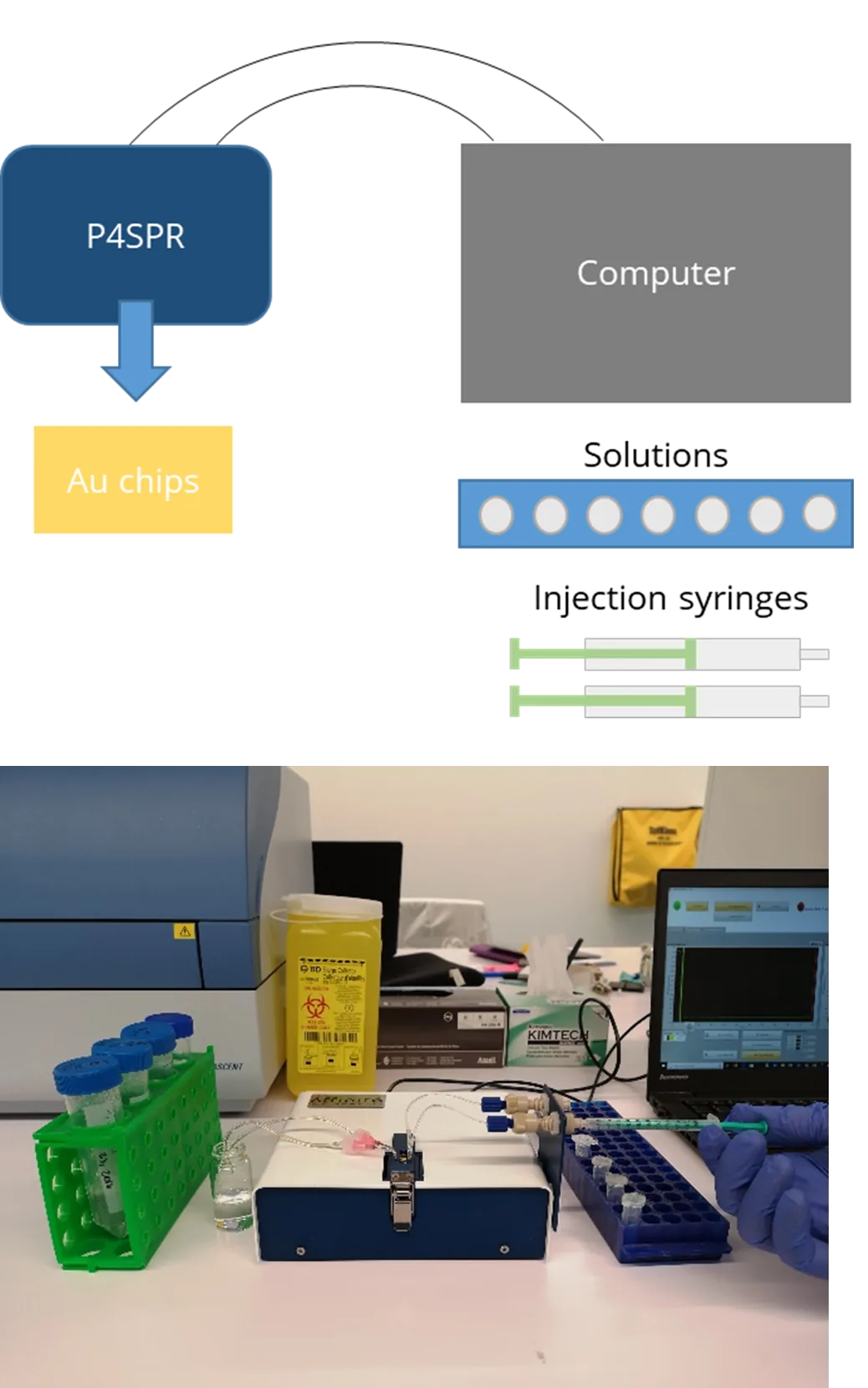 System setup diagram showing P4SPR instrument connected to a computer and Au chips, alongside a lab photo of the benchtop P4SPR setup with laptop, instrument, solution vials, and injection syringes.