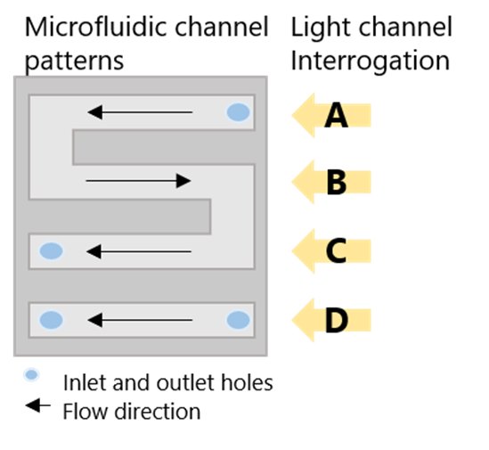 Diagram of the P4SPR microfluidic cell showing four channel patterns (A, B, C, D) with their corresponding light interrogation positions. Channel A is the reference; channels B, C, D are sample channels. Inlet/outlet holes and flow direction are indicated.