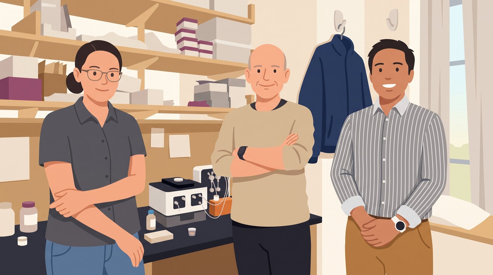 Illustration of the Affinité team with Jean-Pierre Bellier in his lab, with the SPR instrument on the bench