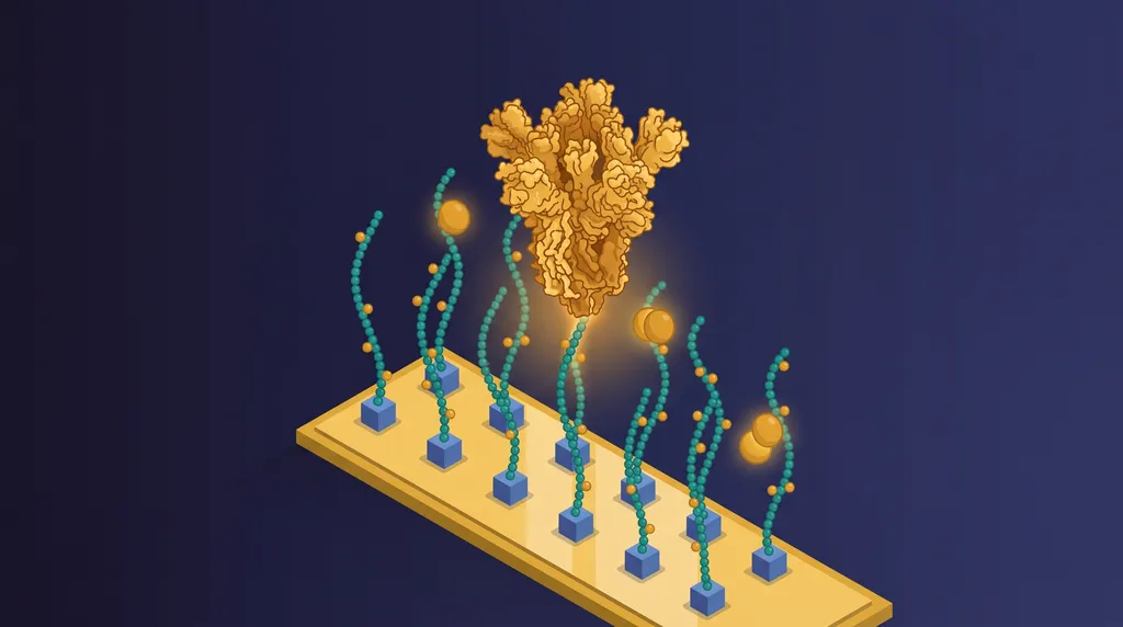 Illustration of teal heparin chains anchored on a gold sensor, with a gold spike protein and small proteins binding them