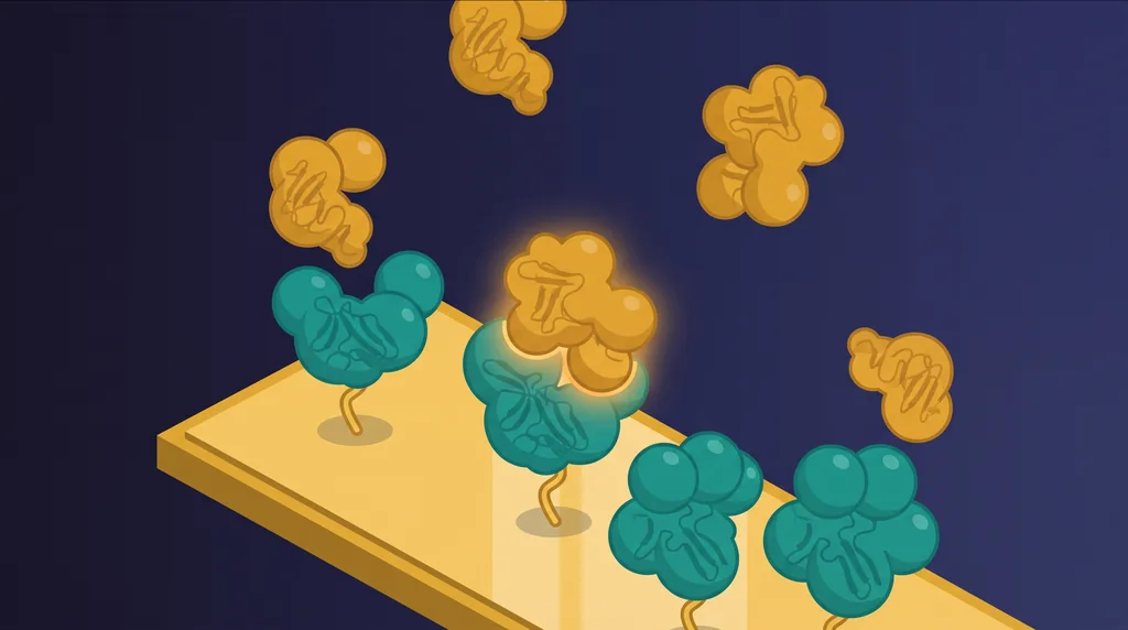 Illustration of teal proteins anchored on a gold sensor surface with amber partner proteins docking onto them