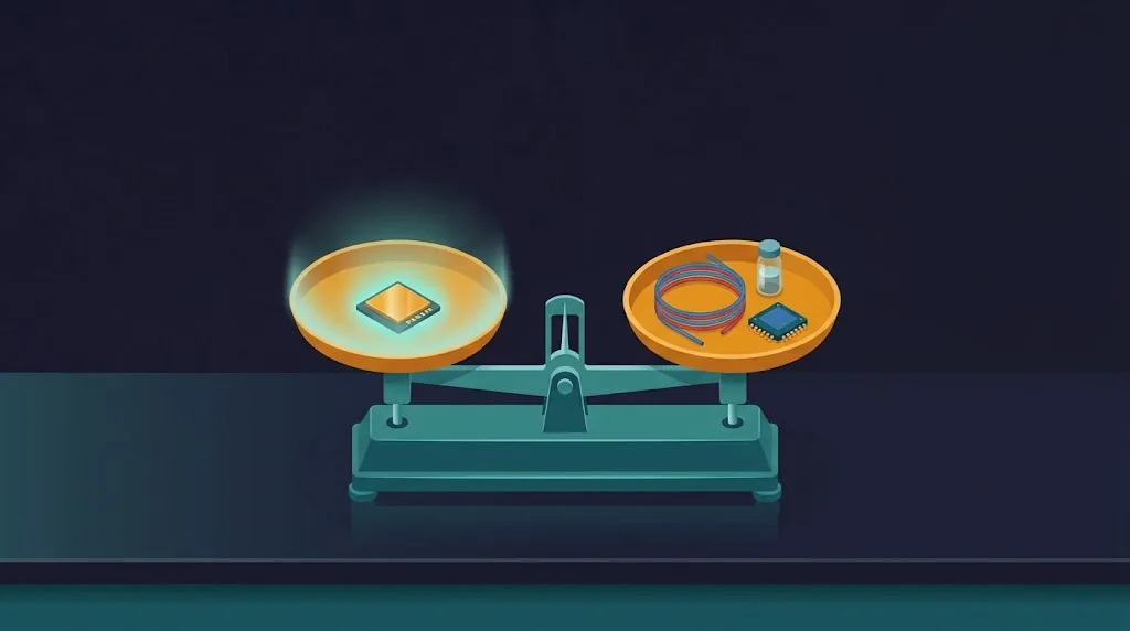 Illustration of a balance weighing an SPR sensor chip against lab consumables, for the advantages and disadvantages of SPR