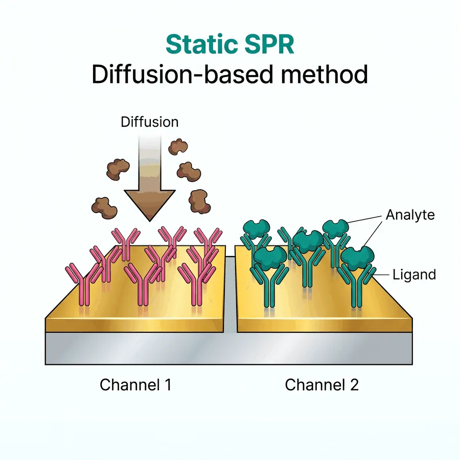 Static SPR: analyte reaches the ligand-coated sensor surface by diffusion, with no flow
