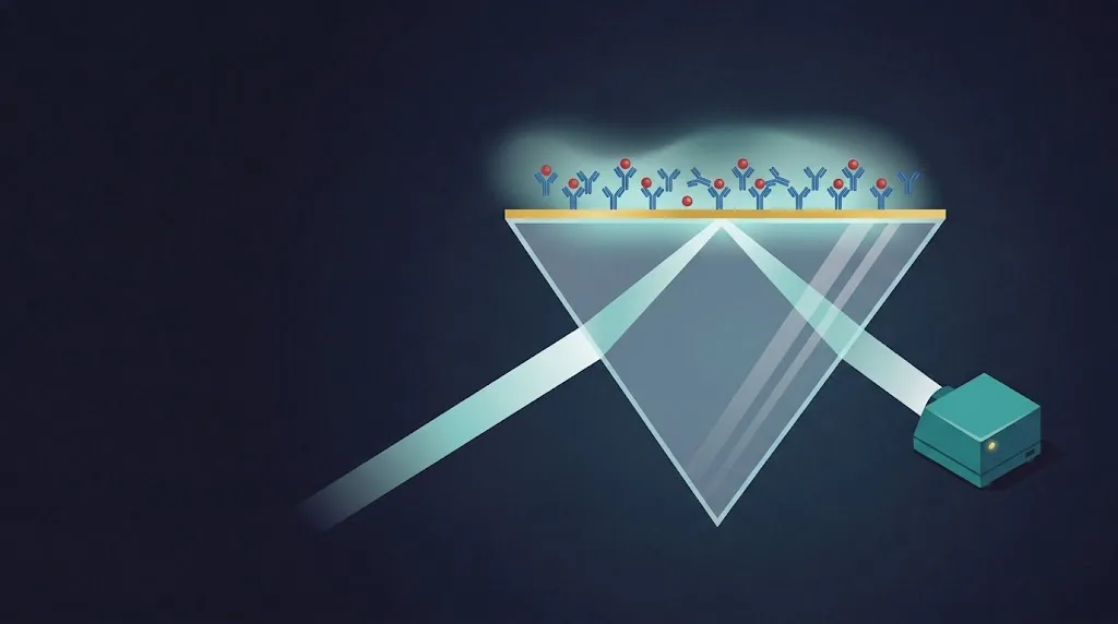 Illustration of surface plasmon resonance: light enters a glass prism, reflects off a gold film with bound molecules, and reaches a detector