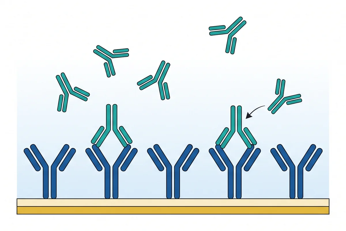 Blue anti-human IgG antibodies anchored on a gold sensor surface capture teal human IgG molecules from the solution above