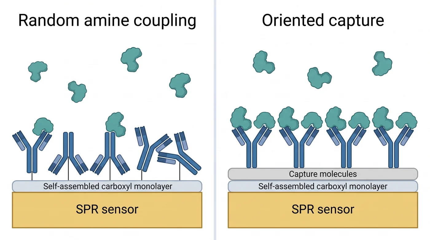 Random amine coupling leaves antibodies pointing in all directions with few analytes bound; oriented capture holds every antibody upright so more analyte binds