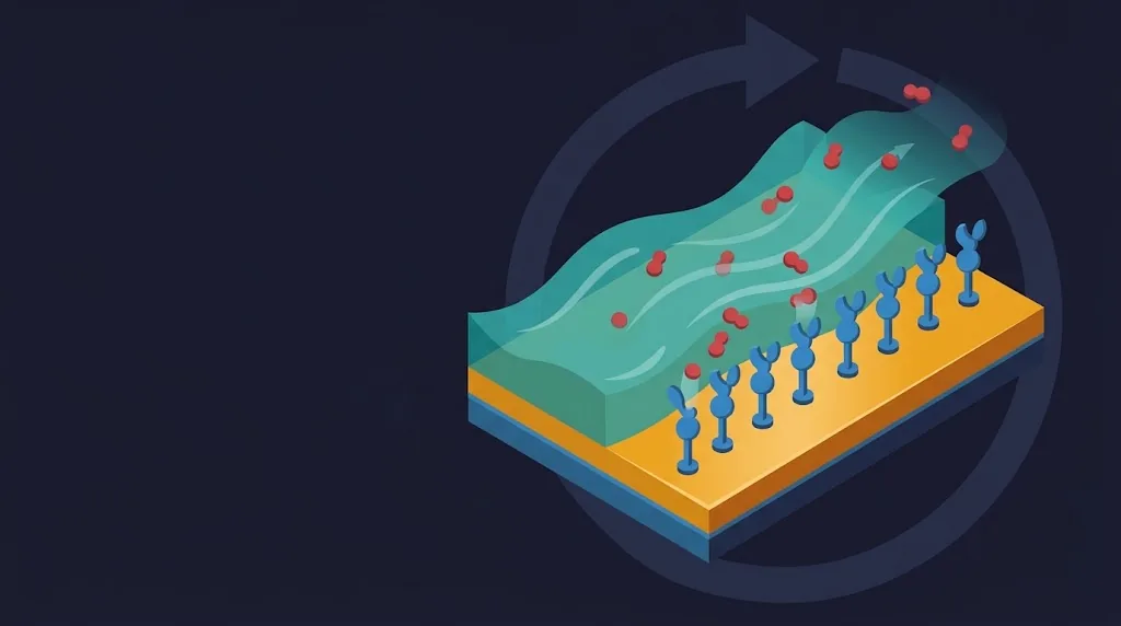 Illustration of SPR regeneration: analyte molecules wash off a gold sensor surface while the immobilized ligands stay attached