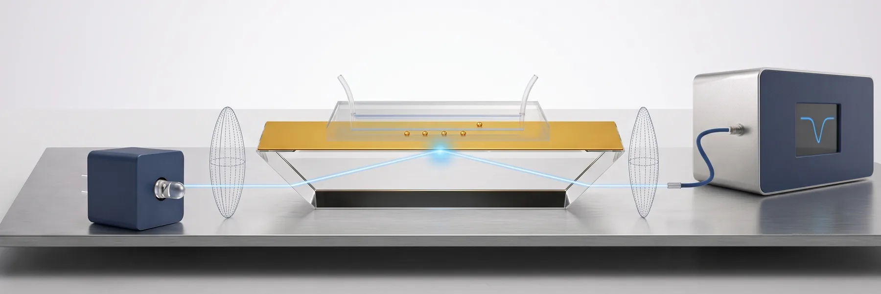 One LED, one gold sensor surface under a flow channel, one detector. Dashed outlines mark where a conventional instrument would need lenses.