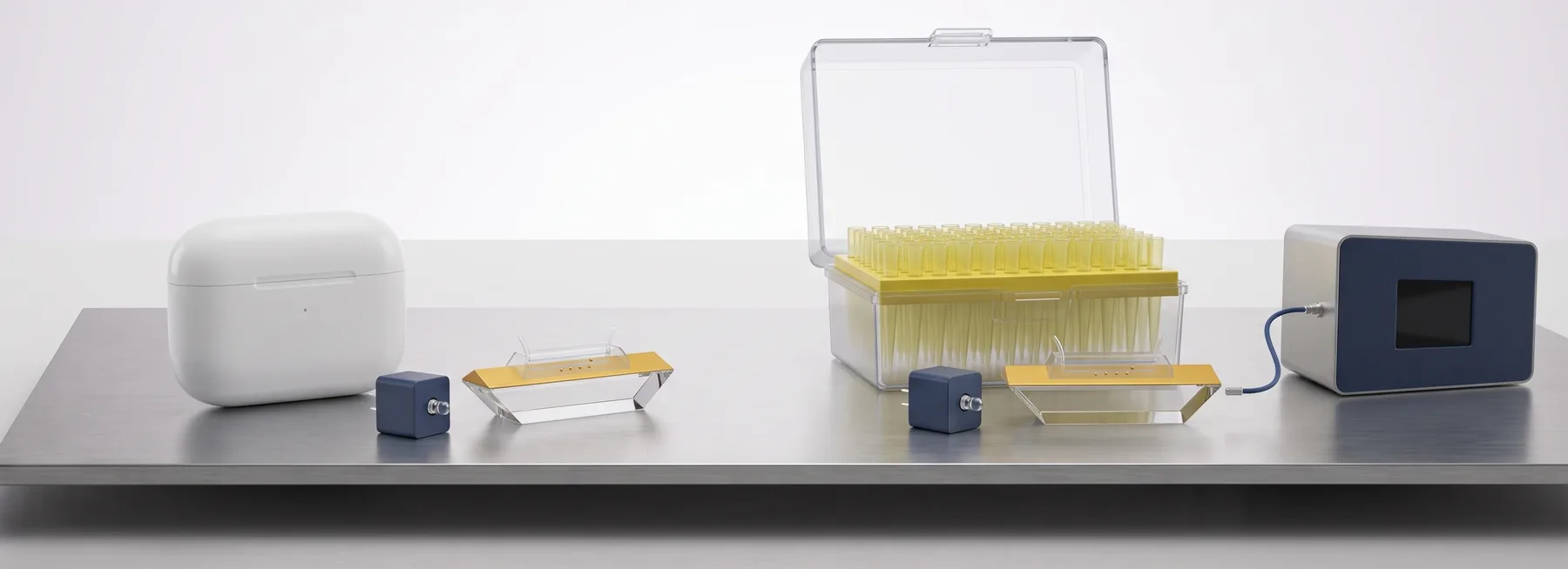 Illustration: a lensless SPR optical module beside an earbud case, and the module with its detector beside a pipette-tip box.