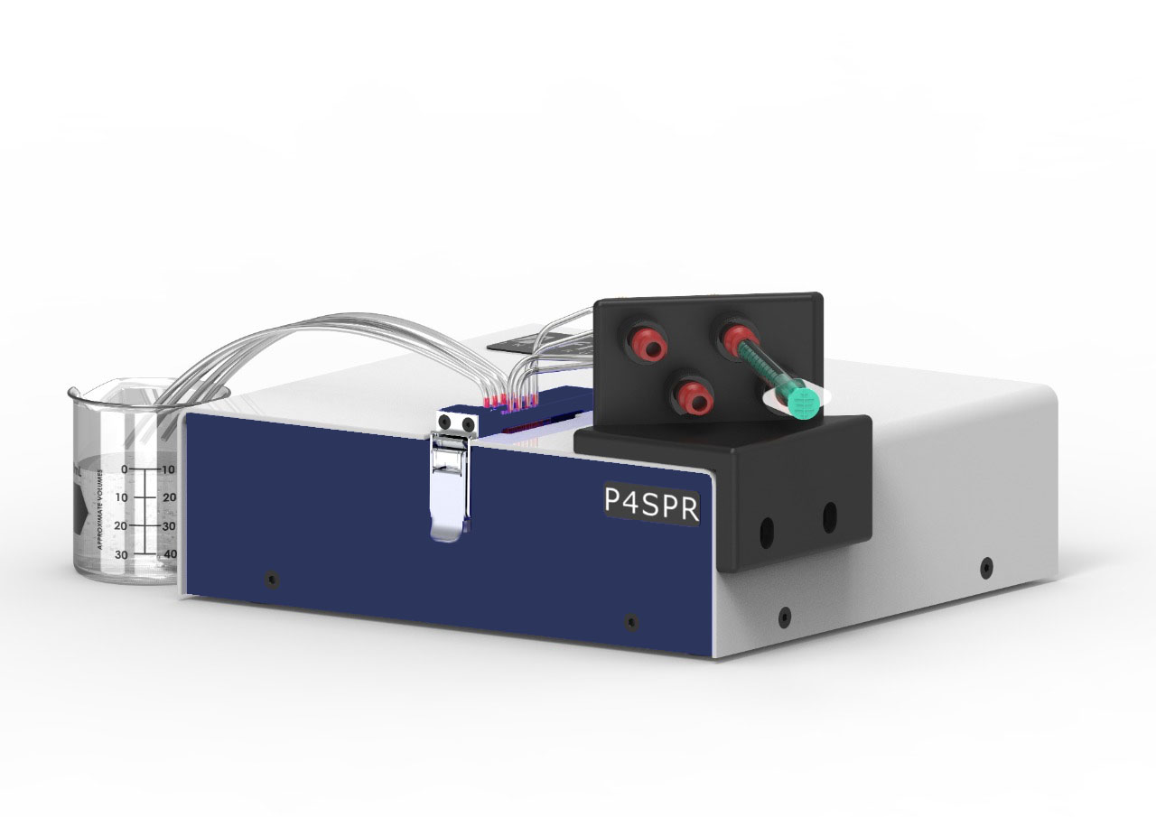 The quad-channel P4SPR instrument from Affinité Instruments, showing the easy-accessible injection ports and four-channel microfluidic cell.