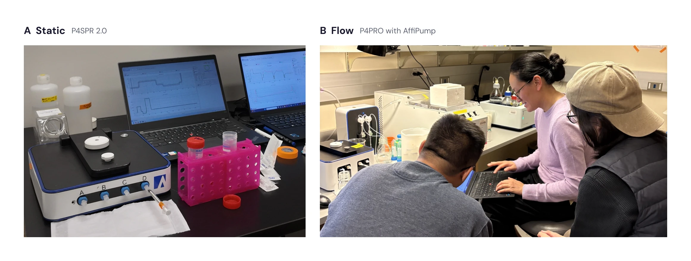 Figure 3 — static and flow in the lab (photos)
